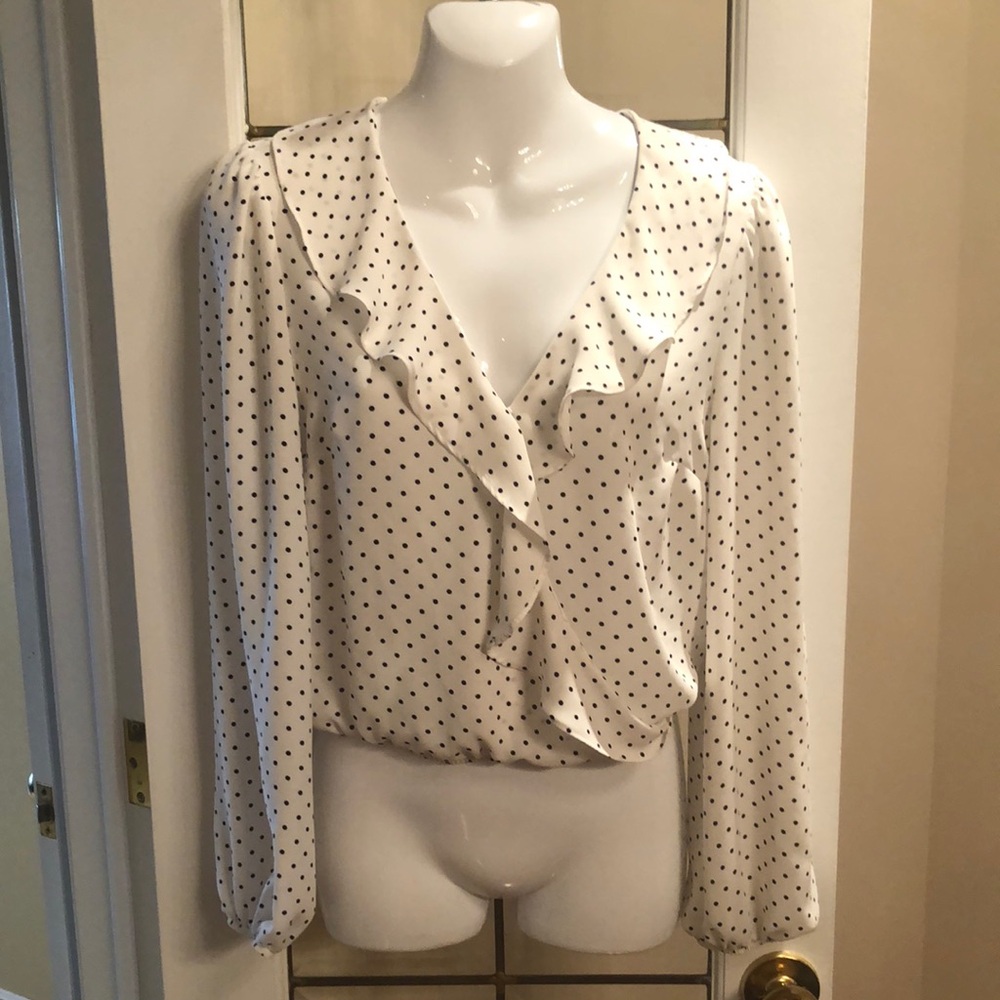 Polka Dot Ruffle V-Neck Blouse